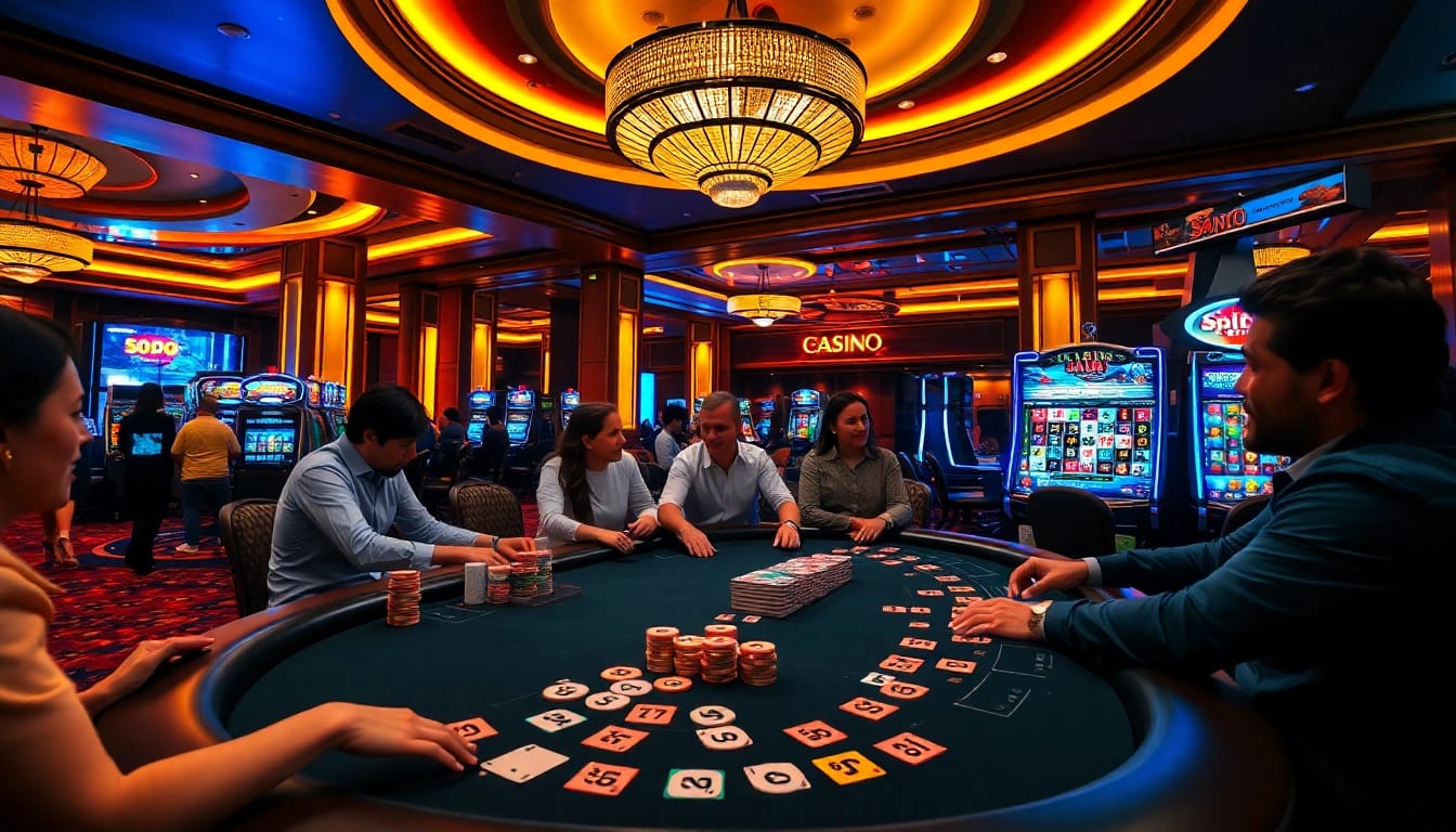 A vibrant scene of SODO CASINO with poker players and spinning roulette wheel, illustrating the excitement of gambling.