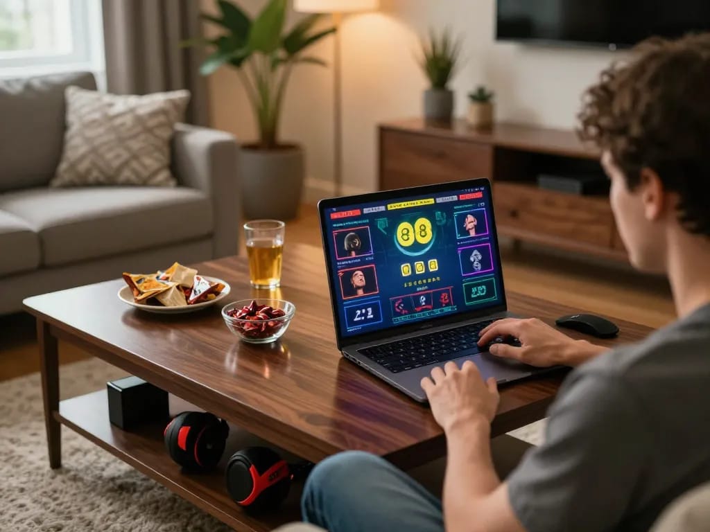 Engaging in live betting on ee88 from a stylish home setup, showcasing modern lifestyle