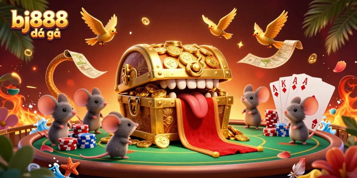Bettors gather around the enticing bj888 đá gà treasure chest, promising excitement in a vibrant gambling arena.