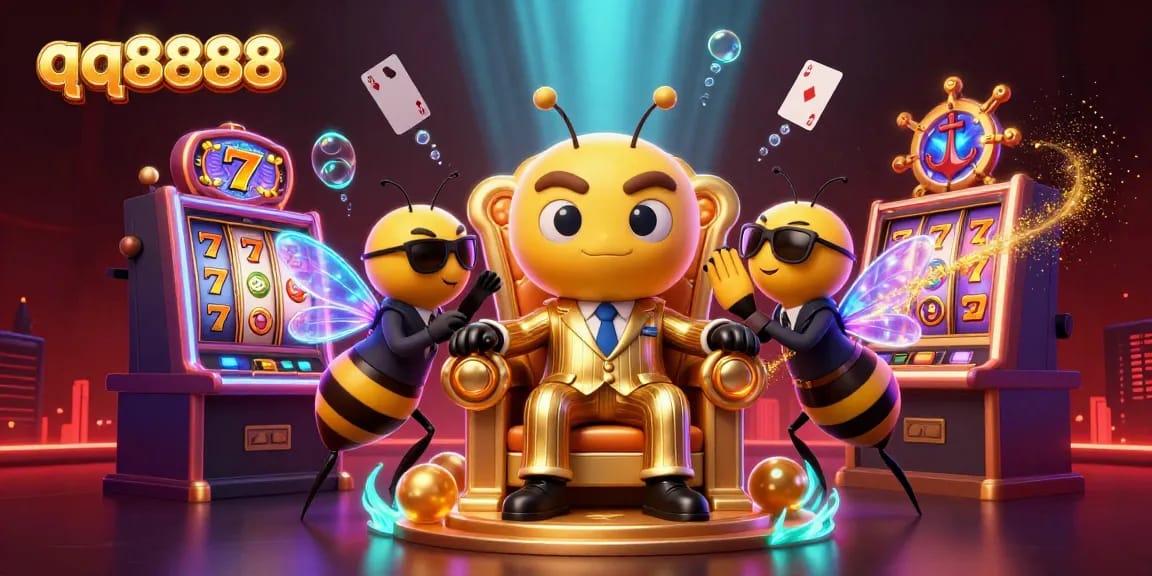 Engage with thrilling qq8888 slot machines in a vibrant casino scene with cartoon characters.