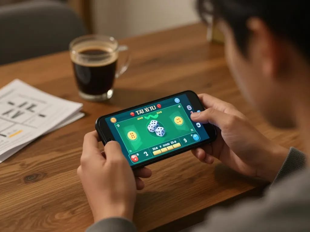 Engaging in Tài Xỉu MD5 gameplay on a smartphone at home, showcasing responsible gaming strategies