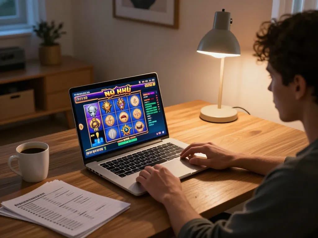 Engaging in nổ hũ gaming online with vibrant slot visuals in a cozy home setup.
