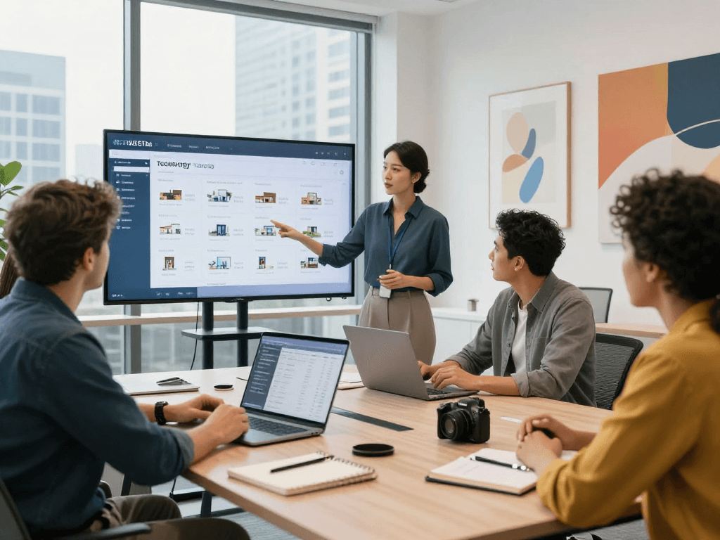 Real estate agent showcasing IDXSTAR tech during client presentation in modern office, highlighting innovative property listings.