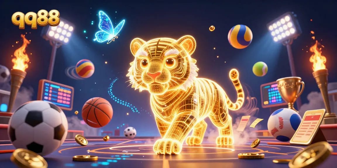Engage with qq88's vivid betting experience in a packed neon digital casino scene.