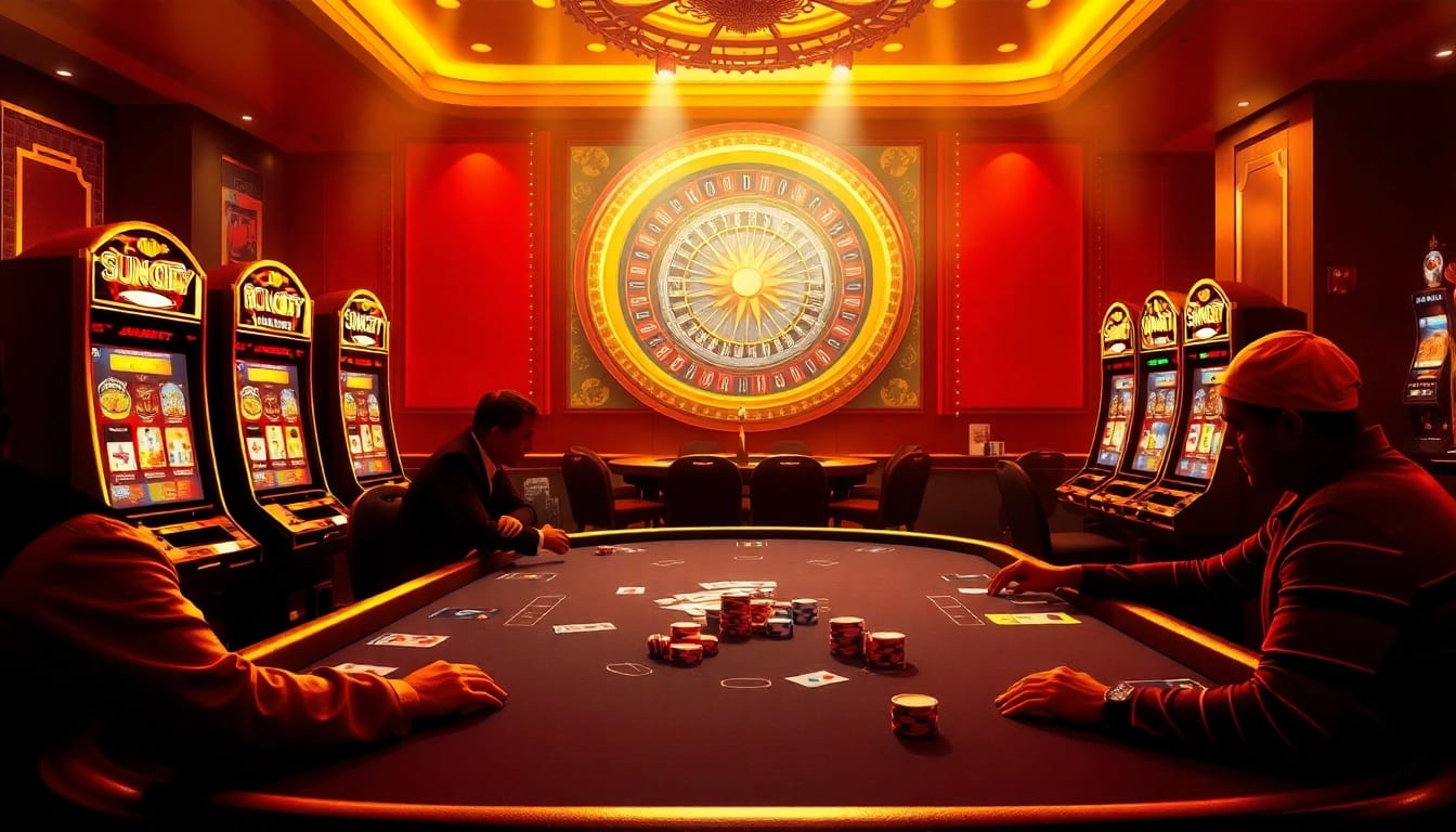 SUNCITY casino players engaged in a high-stakes poker game with vibrant slot machines.