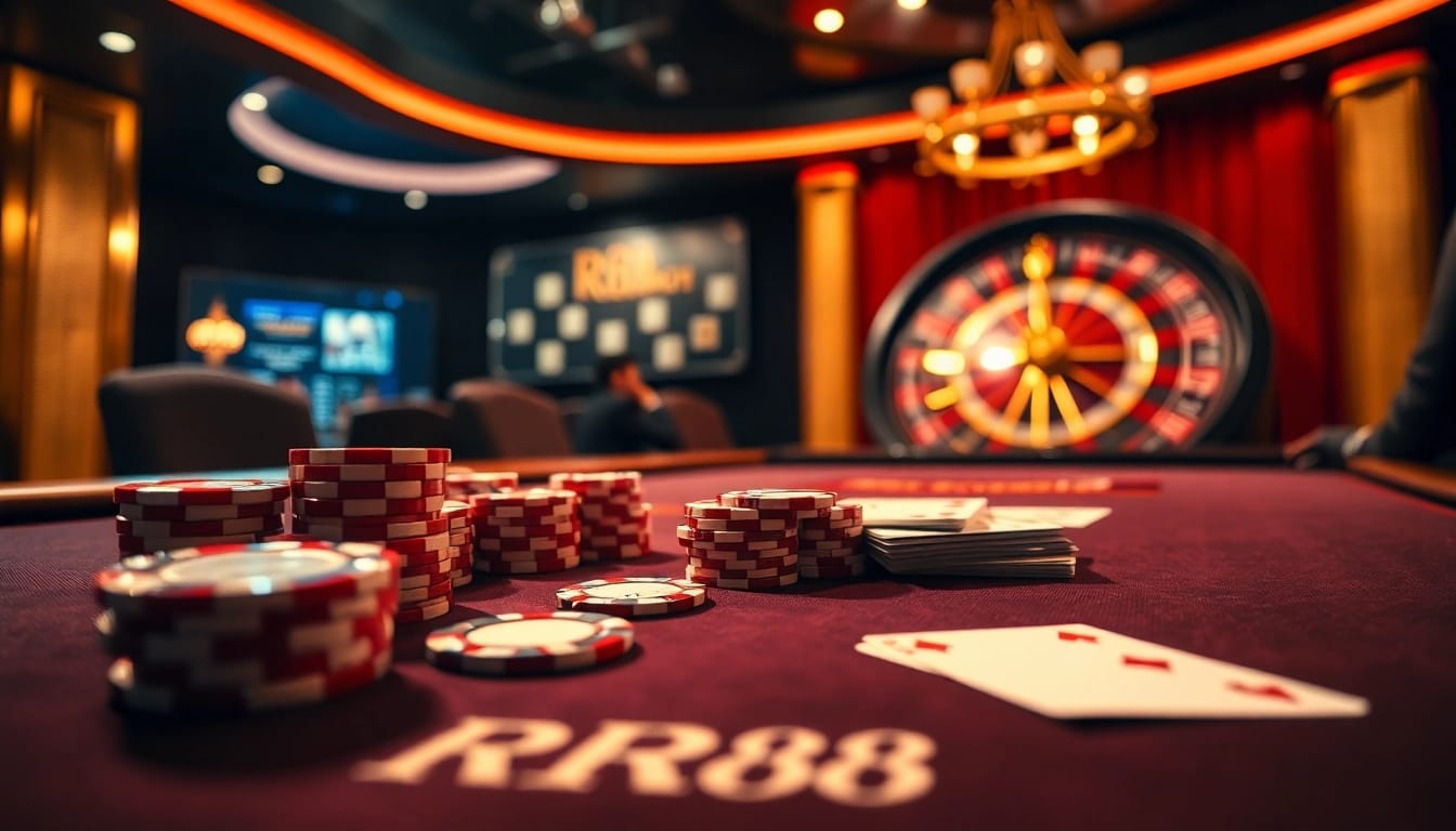 RR88 players strategizing at a luxurious poker table in an upscale casino atmosphere.