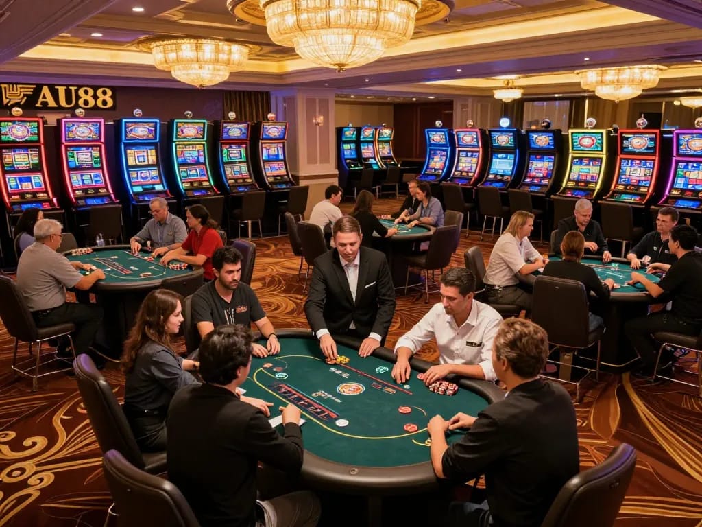 Players engaging in strategic gameplay at AU88's casino, surrounded by vibrant slot machines.