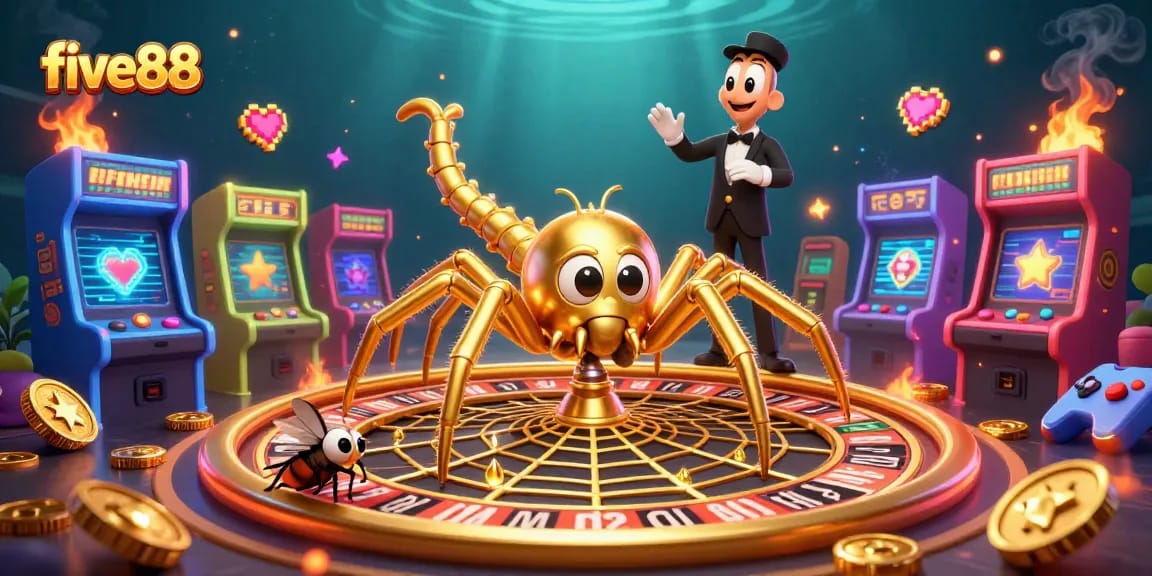 five88 entices players with a thrilling 3D casino scene showcasing a golden spider and vibrant arcade gaming elements.