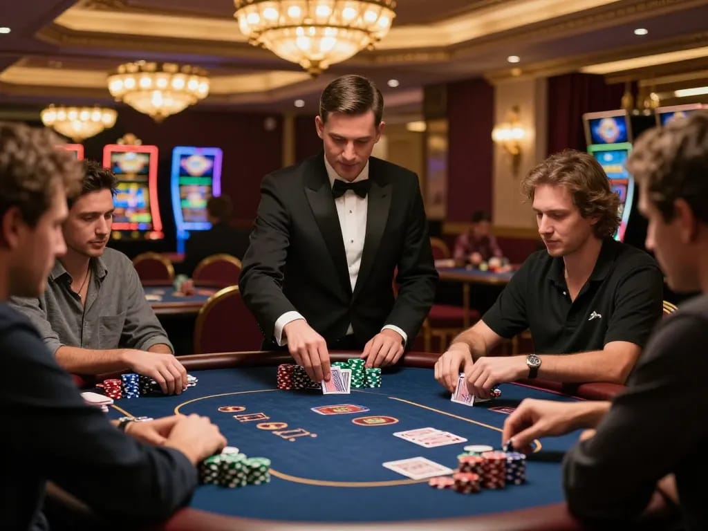 Fly888 players engaging intently in a live poker game, showcasing their strategy and excitement in a luxurious casino environment