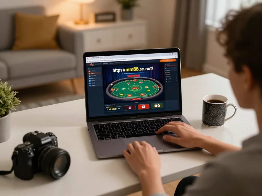 Player engaging in online gaming at https://mm88.se.net/ on a cozy home desk with a laptop.