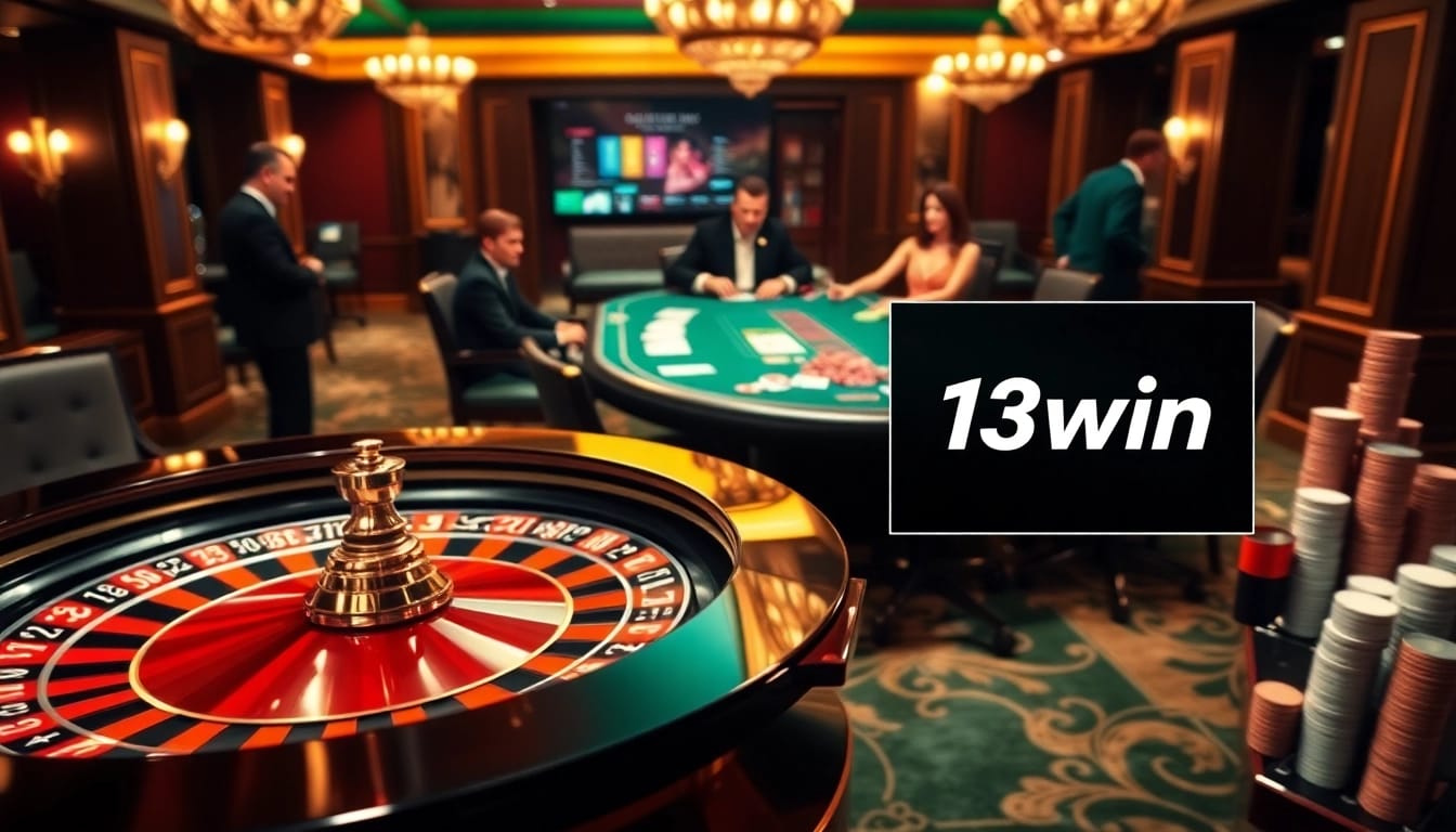 Experience the thrill of gambling at 13win, showcasing a vibrant casino atmosphere with roulette and poker tables.