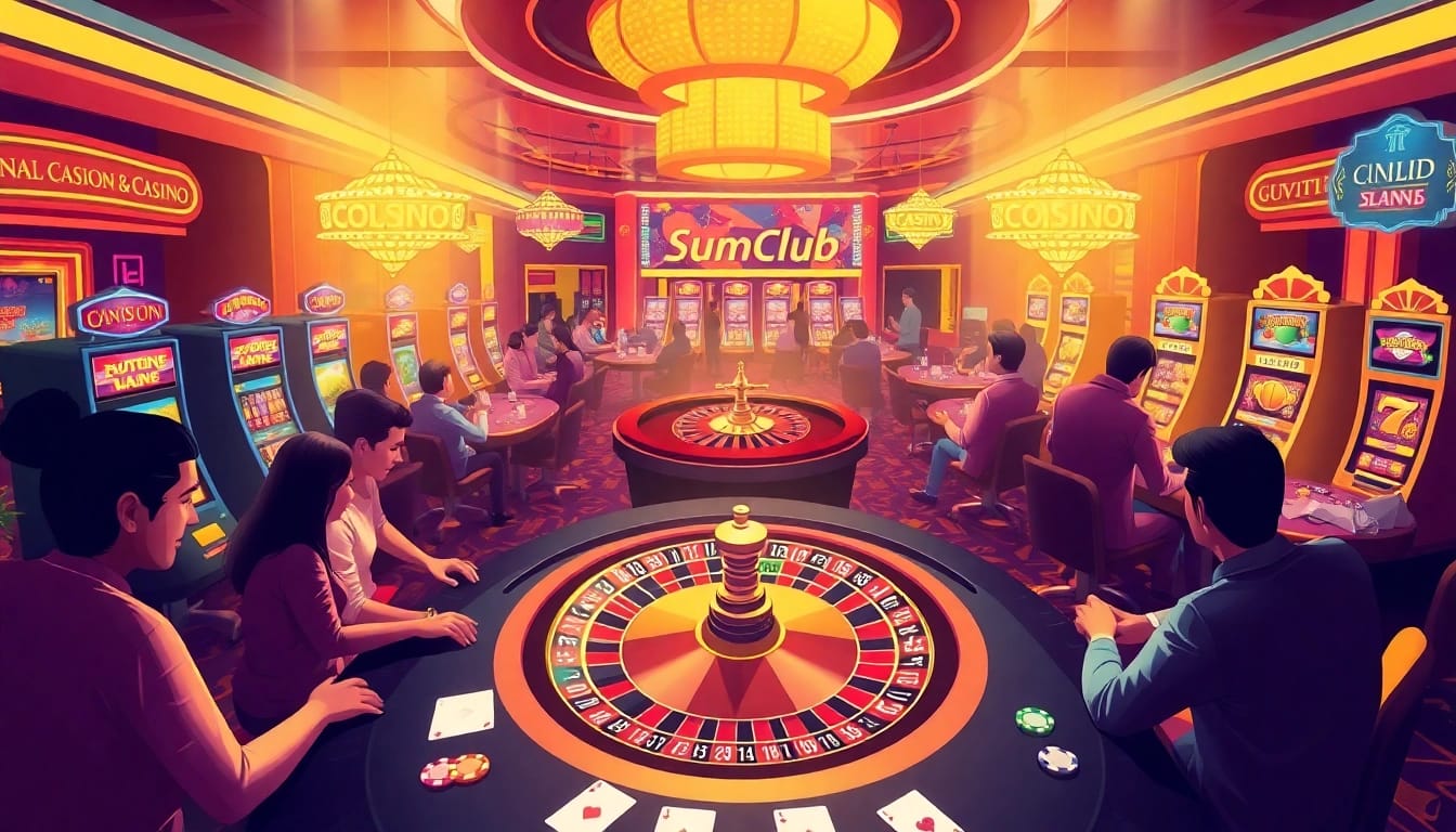 Players engaging in thrilling games at Sumclub's online casino with poker chips and a roulette wheel.