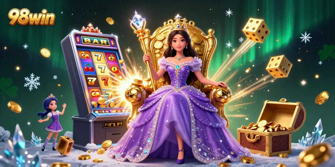 Win big with 98win! A photorealistic depiction of a regal casino scene bursting with jackpots and excitement.
