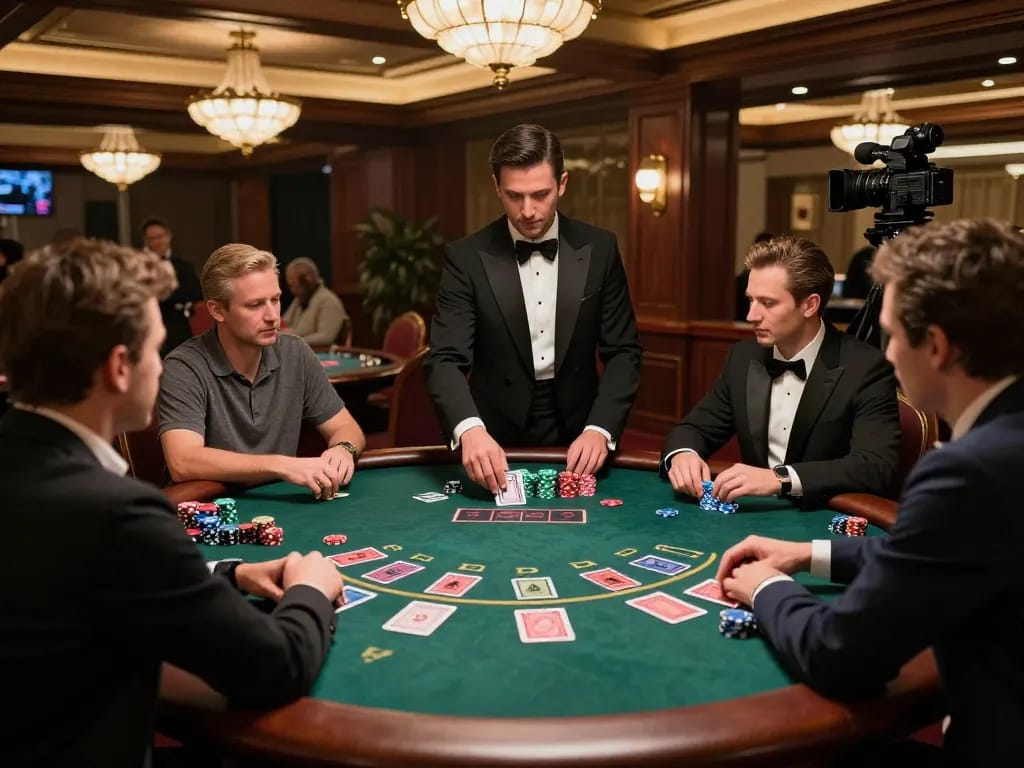 Players strategizing at a blackjack table in a luxury casino, showcasing 32win con with excitement and elegance