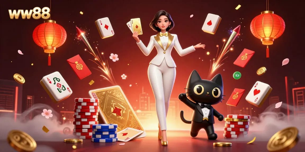 Engage with thrilling WW88 gambling, featuring a glamorous dealer and playful elements in a captivating casino scene.