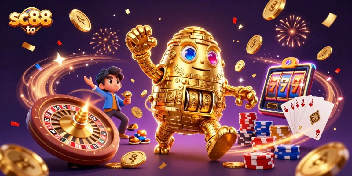 Experience the excitement of online gambling with sc88 to featuring a golden golem surrounded by cascading coins and vibrant casino elements.