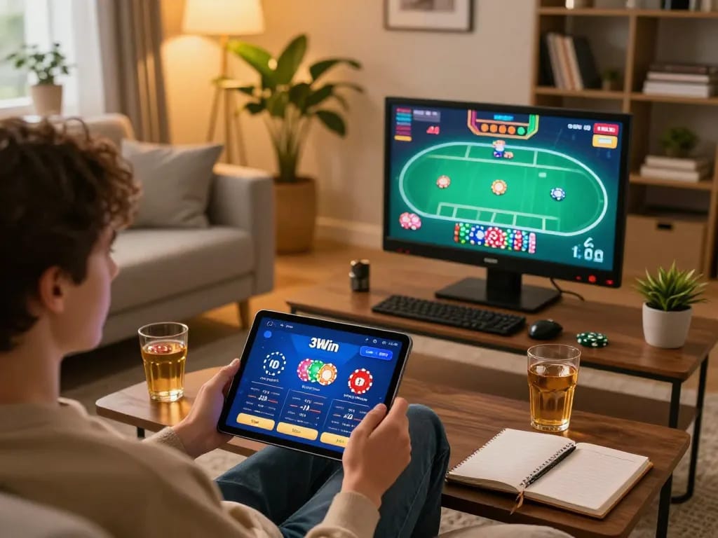 Participating in a dynamic online poker game on 3Win com with vibrant graphics and cozy home decor.