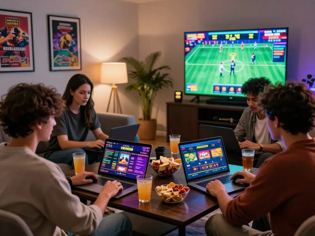 Friends enjoying gaming on 789club in a lively home setting, showcasing excitement and interaction.