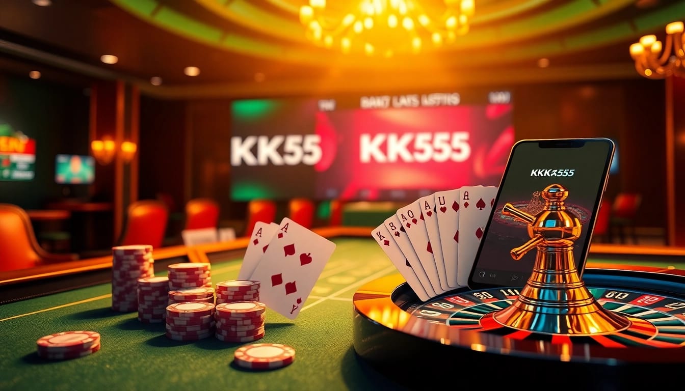 Desfrute da emoção de apostar com a KK55 em uma mesa de cassino luxuosa, com fichas de pôquer vibrantes e uma roleta.