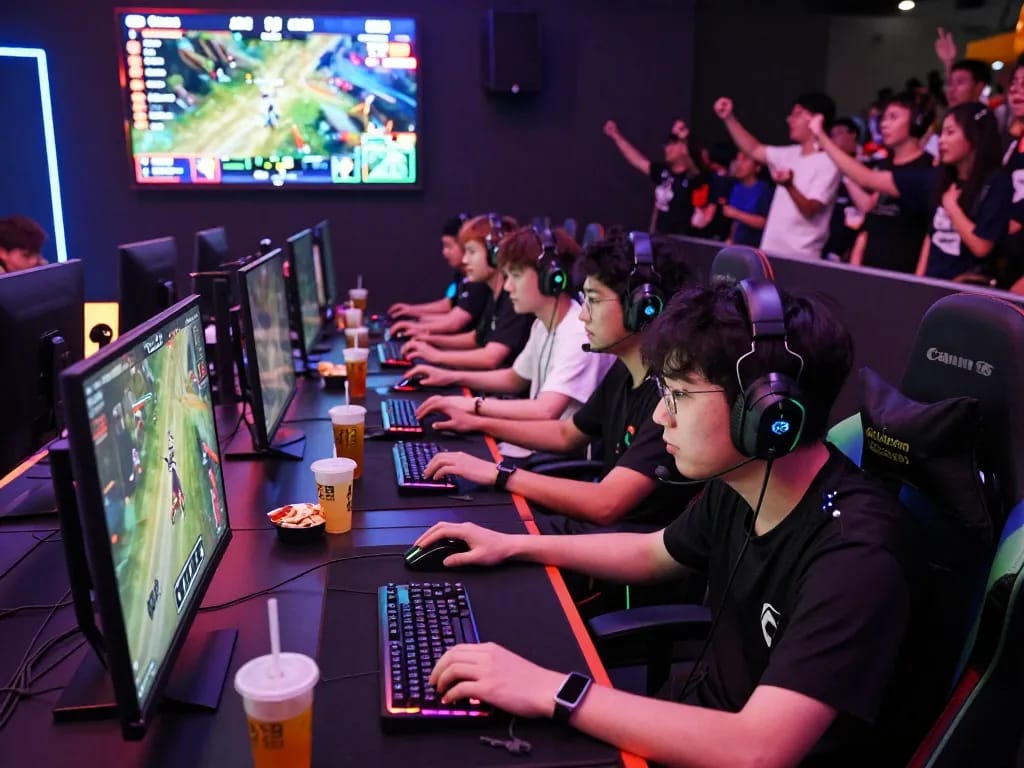 Engaging e-sports competition scene with players focused on screens showcasing rikbet gameplay.