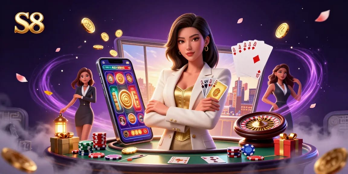 Experience the excitement of S8 with an elegant Asian woman showcasing her poker skills amidst vibrant casino elements.