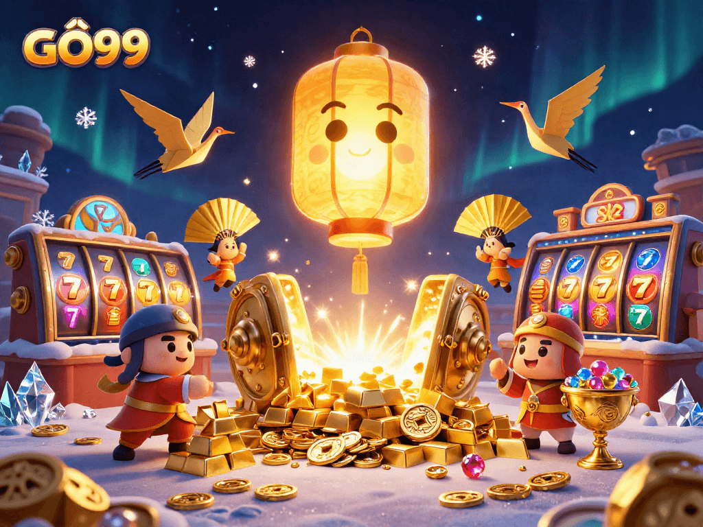 Experience the excitement of GÔ99 with vibrant slot reels and golden treasures in a dynamic casino scene.