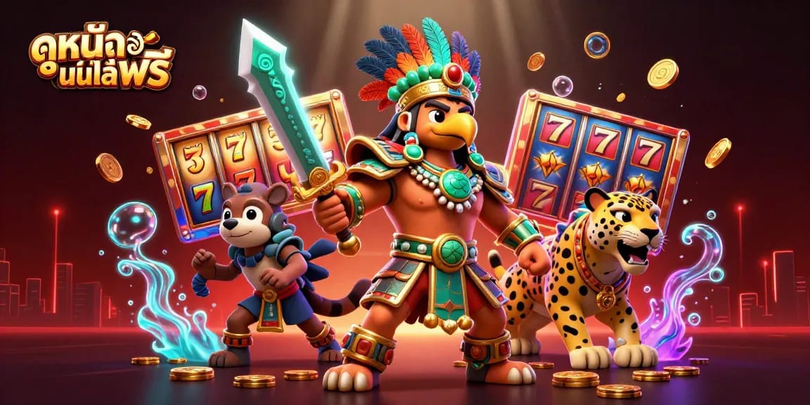 Engaging scene showcasing ดูหนังออนไลน์ฟรี with 3D casino characters amidst slot reels, enhancing online gambling experience.