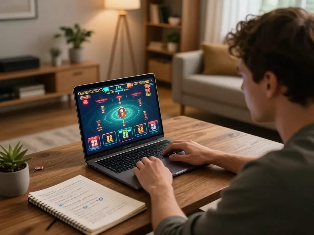 Player analyzing strategies for hm88 online casino gaming on laptop at home.