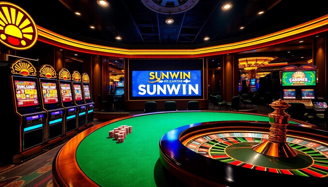 Exciting gambling experience at SUNWIN featuring vibrant slots, poker table, and roulette in a luxurious setting.