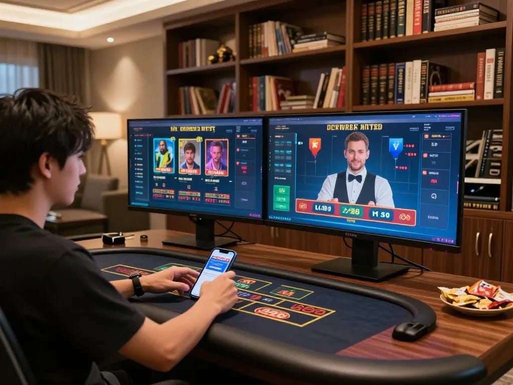 Player engaged in online casino gaming at https://lc88.jpn.com/ with dual screens showcasing games and betting apps.