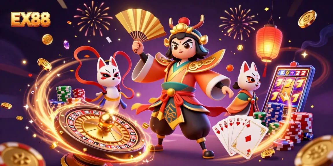 Spin the roulette wheel and win big with EX88 in this vibrant casino scene!