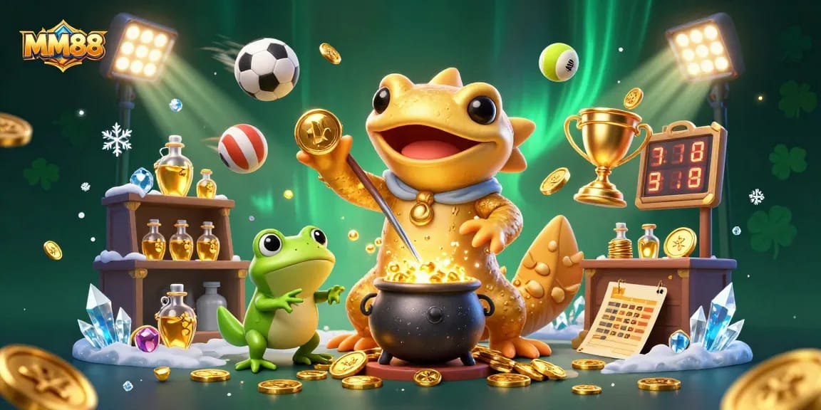 MM88 players engage in thrilling gambling activities amidst alchemical magic and sports excitement.