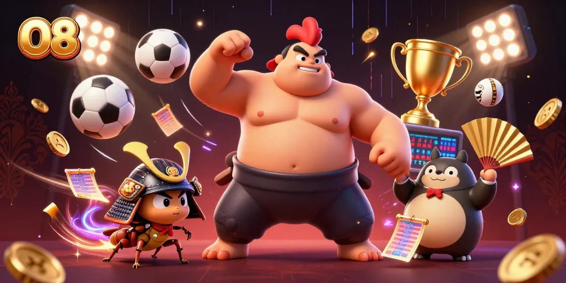O8 showcases intense action with a sumo wrestler and samurai-themed cricket amidst dynamic sports betting elements.