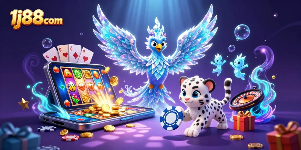 Experience excitement with 1j88com's vibrant ice-themed casino illustration featuring engaging game elements.