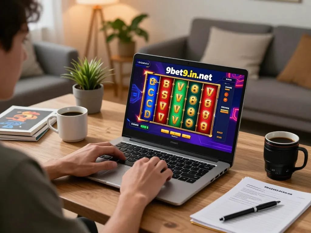 Engaged player on laptop at home playing online slots from https://9bet9.in.net in a cozy atmosphere.