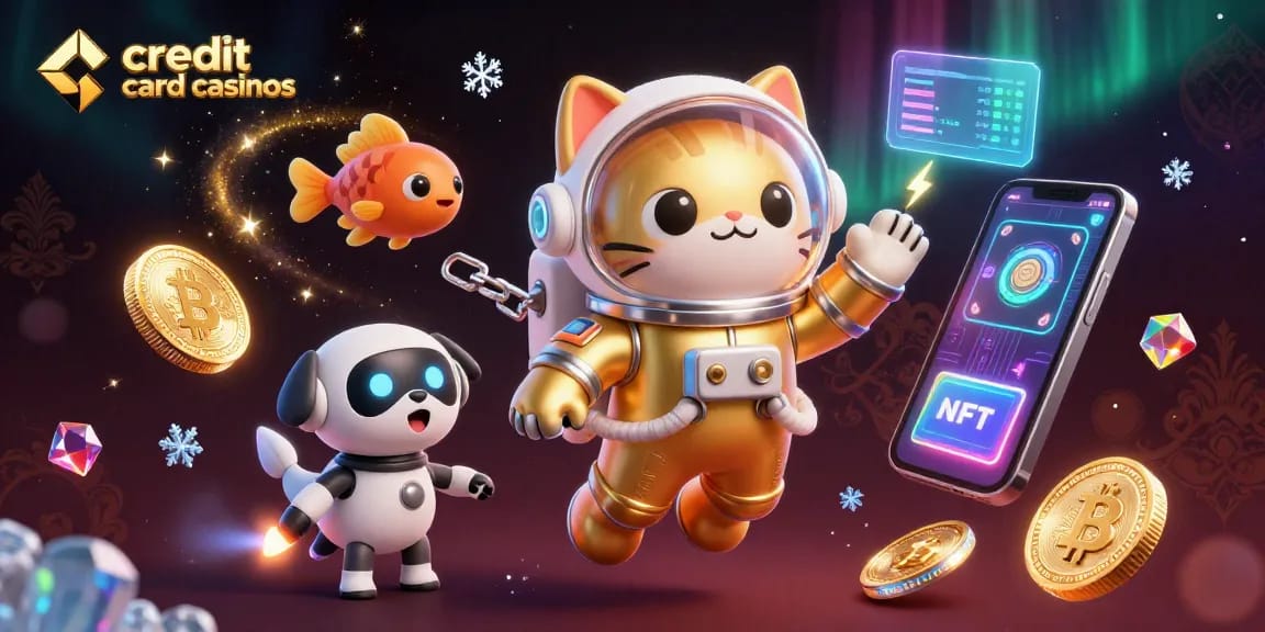 Engage with credit card casinos in a captivating 3D cosmic scene featuring a playful astronaut cat.