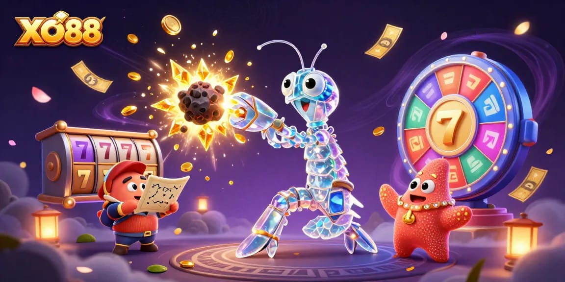 Experience exciting wins at XO88 with a dynamic casino scene featuring colorful slots and golden jackpots.