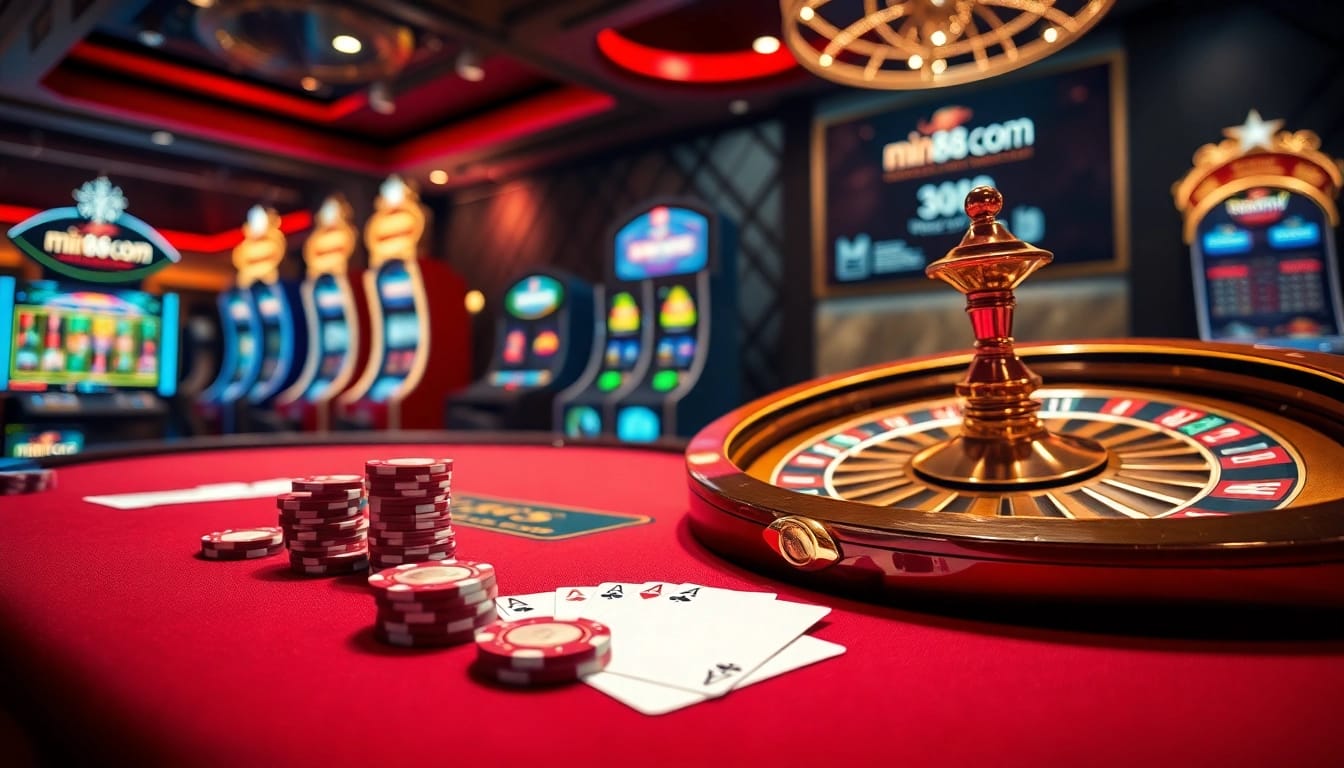 A vibrant casino scene showcasing poker chips and roulette wheel, celebrating min88 com gambling excitement.