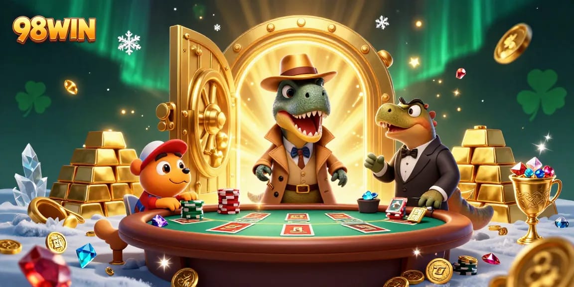 Experience thrilling gameplay with 98WIN featuring a velociraptor card counter at a blackjack table.