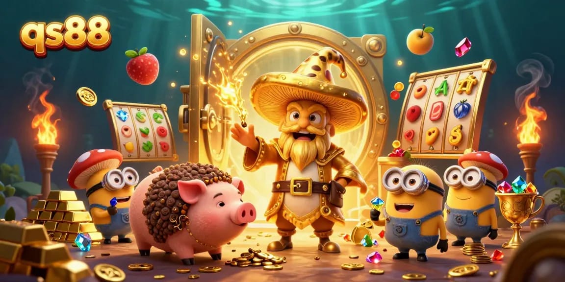 Engage with the vibrant qs88 gaming scene showcasing treasures, jackpots, and playful characters.
