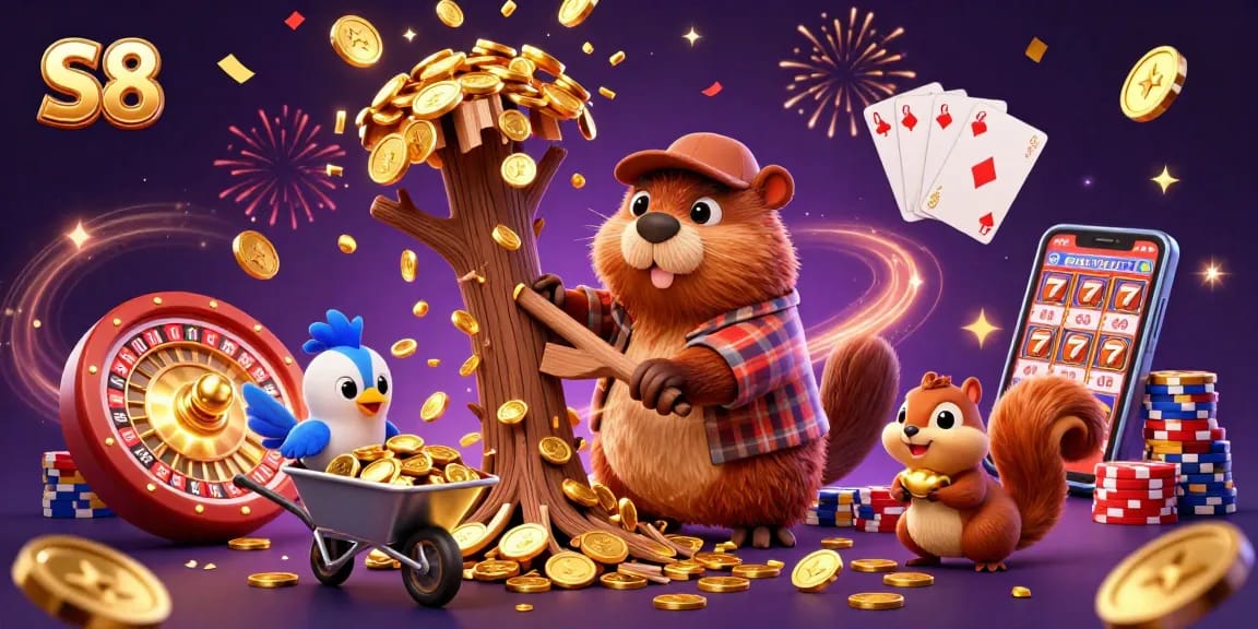 S8 creates excitement as a beaver chops a tree raining golden coins in this energetic casino scene.