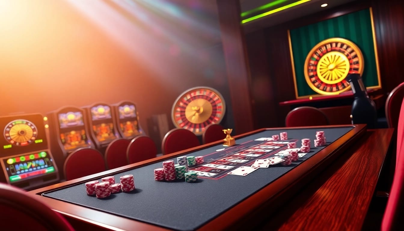 Dynamic online gambling scene showcasing Nhà cái v7sb with poker chips, cards, and roulette.