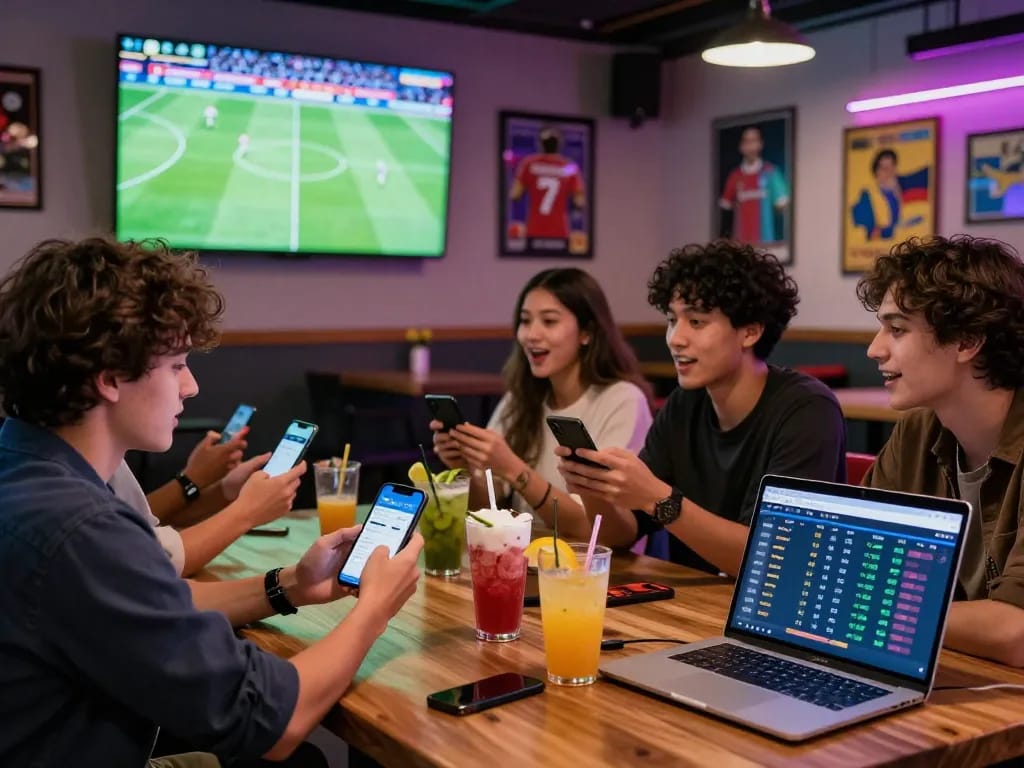 thể thao Goal123 in a lively gaming lounge with friends watching a soccer match and engaging in betting activities