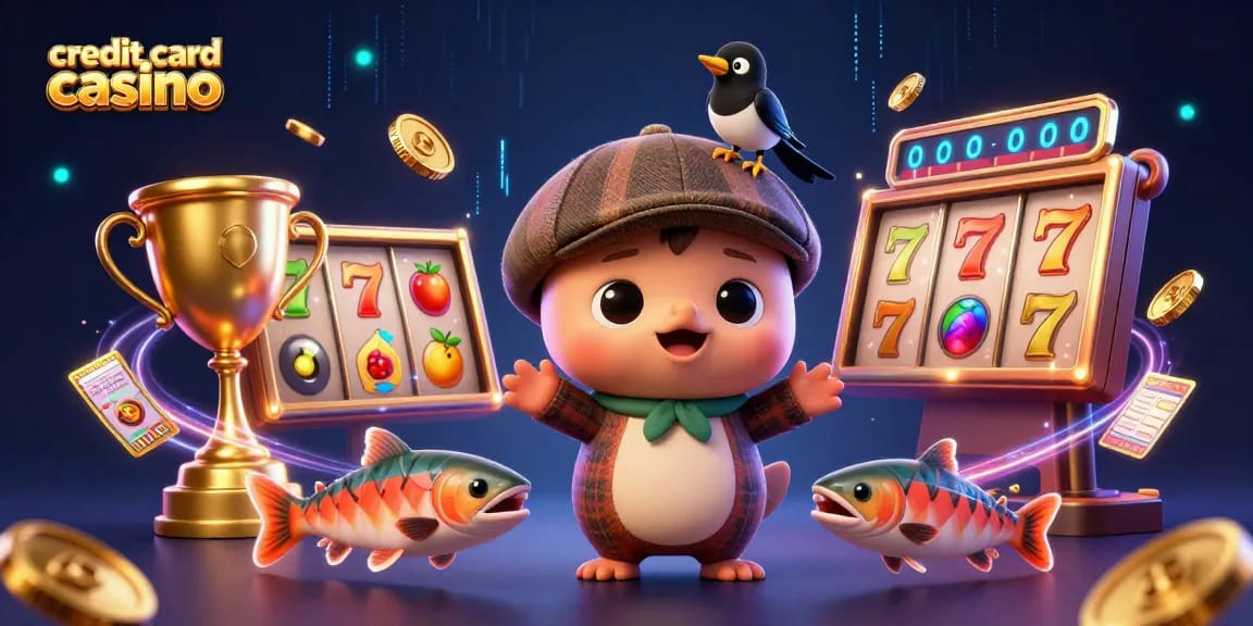 Engage in thrilling gameplay at the credit card casino with slots, cute characters, and vibrant graphics.