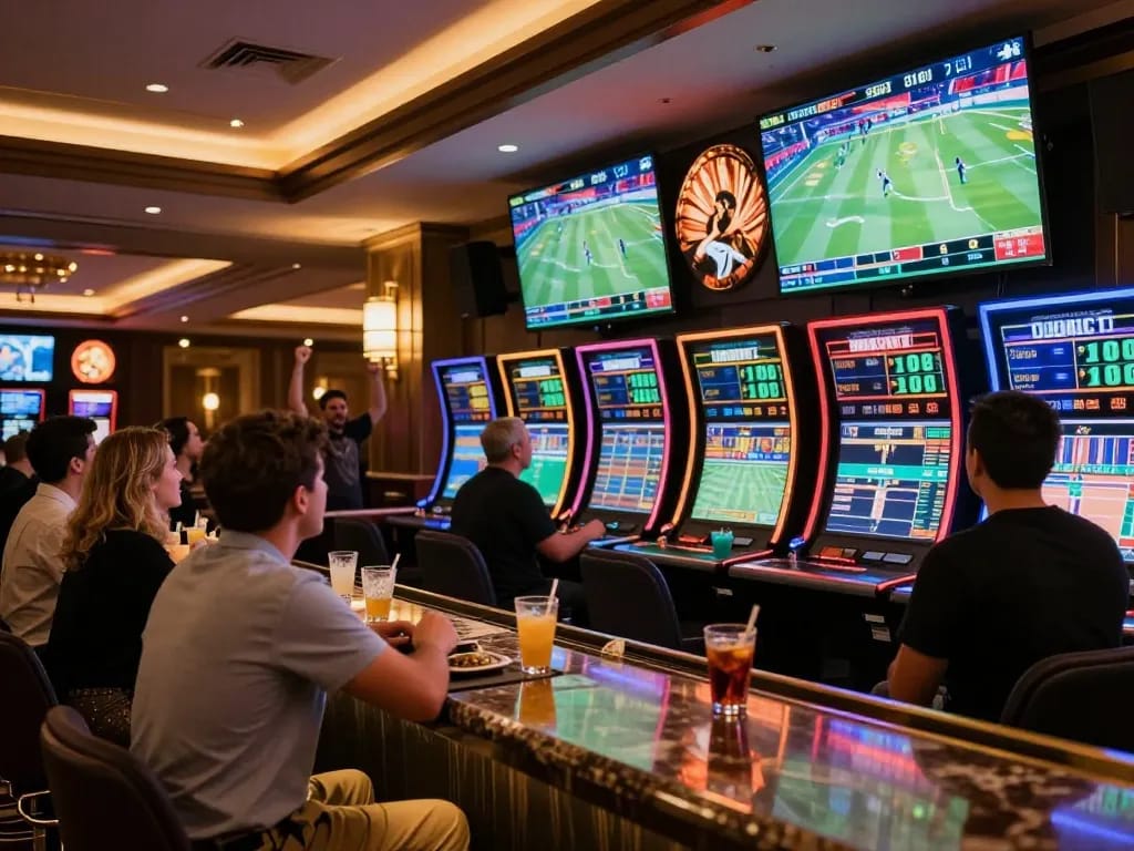 Patrons engaged in sports betting action at Au88, with vibrant digital displays and excited atmosphere.