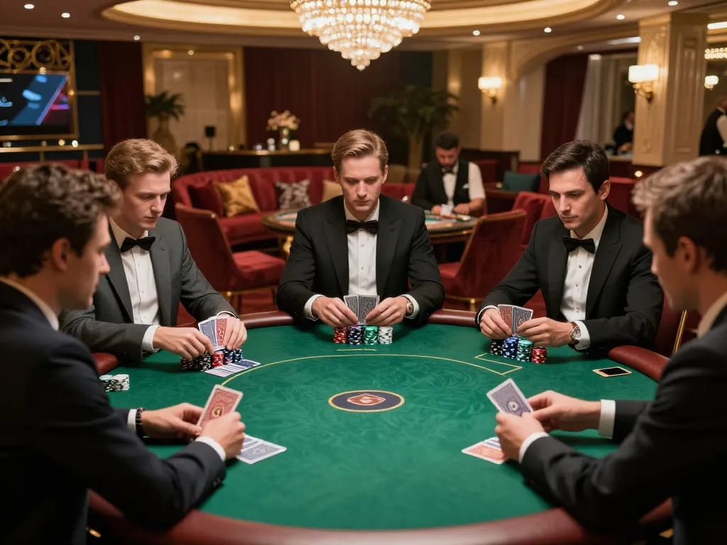 Experience high-stakes poker action at OK365 with players in an upscale casino.