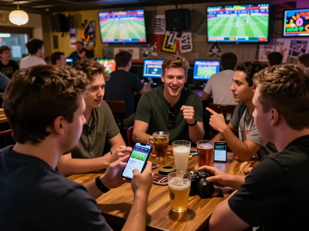 Check live matches and place bets using the vebo tv app in a bustling sports bar atmosphere.