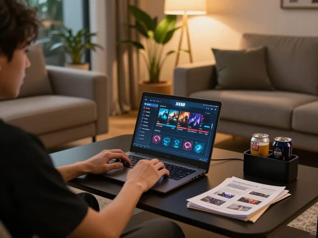 Engaging in online gaming at XX88 with a cozy home setup, laptop displaying casino interface.