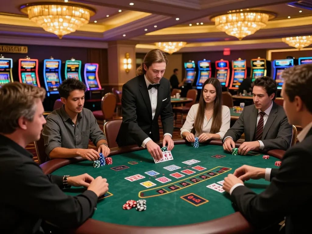 GO8 players strategically placing bets at an exciting blackjack table in a stylish casino.