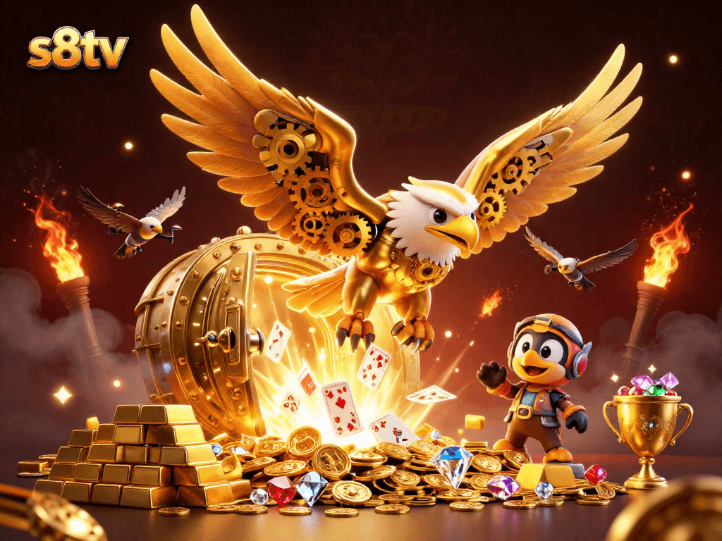 s8tv showcases an epic scene with a cybernetic eagle, golden treasures, and thrilling casino elements.